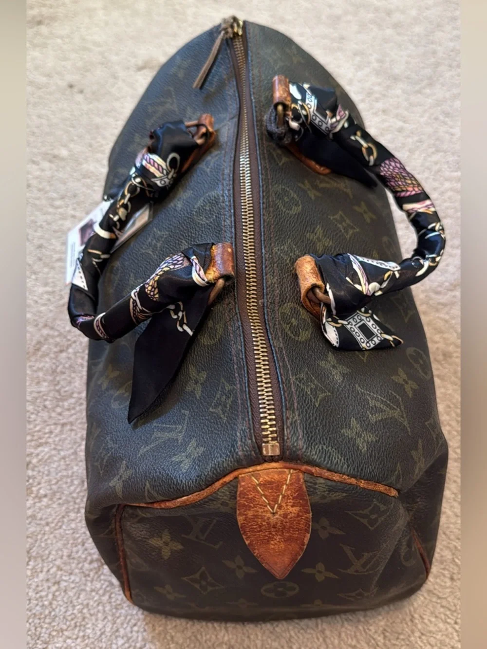 Louis Vuitton speedy 30 Monogram Tote with Black Scarf-Wrapped Handles